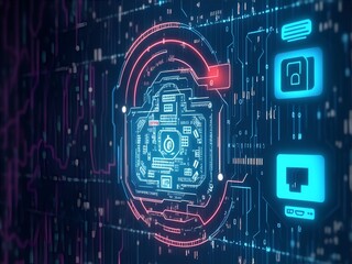 Privacy, Cybersecurity and data protection, neon colored lights, lock hologram.