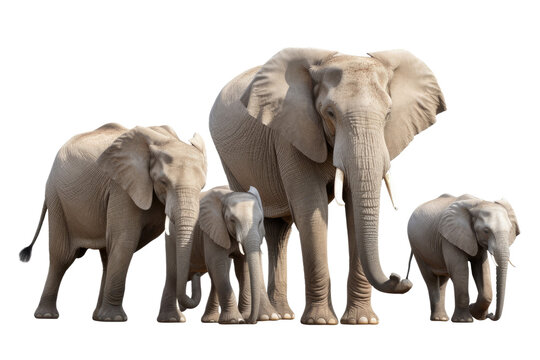Elephants family isolated on white background, Animal wildlife habitat in the nature forest, beautiful of life, massive body part, largest mammal, with Generative AI.