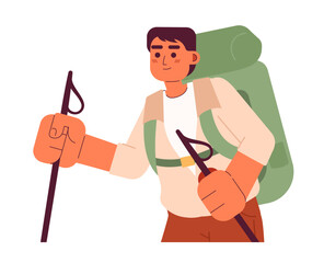 Backpacker trekker with walking poles flat vector cartoon character. Asian male mountaineer climber spot illustration. Half body person isolated on white. Editable 2D simple drawing, graphic design