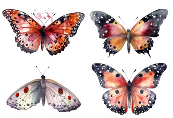 Fototapeta na wymiar Watercolor set of colorful butterflies with beautiful wings isolated on clear png background, insect collection for mock up, with Generative Ai.