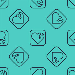 Black line Broken heart or divorce icon isolated seamless pattern on green background. Love symbol. Happy Valentines day. Vector