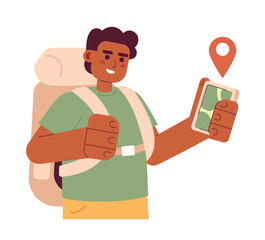 Male black backpacker trekking with hiking app flat vector cartoon character. Traveler hitchhiker spot illustration. Half body person isolated on white. Editable 2D simple drawing, graphic design