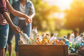 People doing volunteer work recycling plastic bottles. Generative AI - obrazy, fototapety, plakaty