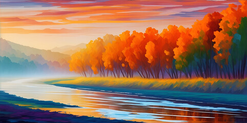Fototapeta na wymiar Morning river landscape. AI generated illustration