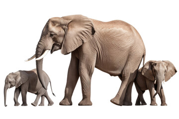 Fototapeta premium Elephants family isolated on white background, Animal wildlife habitat in the nature forest, beautiful of life, massive body part, largest mammal, with Generative AI.