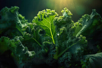 Vibrant fresh green kale cabbage, closeup detail - , healthy superfood concept. Generative AI - obrazy, fototapety, plakaty