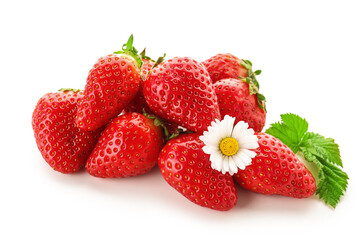 Heap of fresh strawberries with leaves and chamomile flower on white background