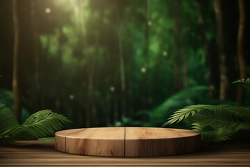 Beauty, fashion, make-up, product concept. Minimalistic product placement wooden podium in tropical forest background . Minimalistic and futuristic looking style. Generative AI