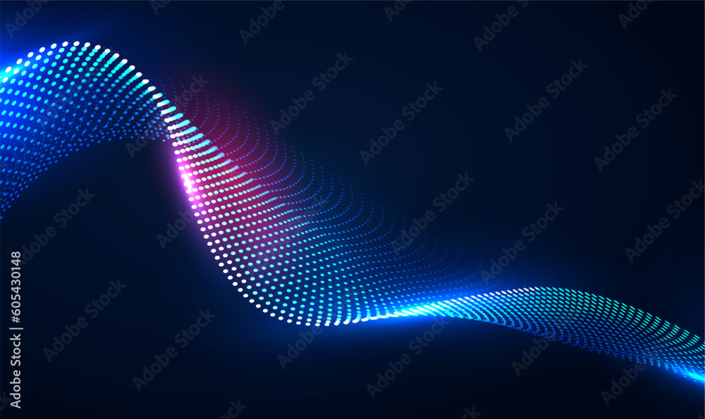 Poster dynamic particles sound wave flowing over dark. 3d particles mesh array wave, sound flowing. beautif