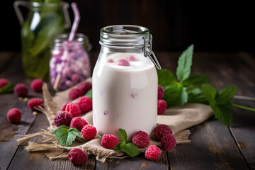 Obraz na płótnie Canvas Small glass bottle with milk and small grains, scattered raspberry fruit near, Kefir superfood concept. Generative AI