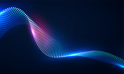 Dynamic particles sound wave flowing over dark. 3d particles mesh array wave, sound flowing. Beautiful 3d wave shaped array of shining blended points. Futuristic Digital technology. Hi-tech. Vector EP