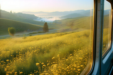 Dreamy landscape from the window of a moving train, expanse of rolling hills covered in a blanket of mist. 