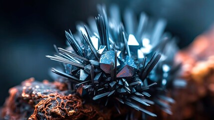 Macro shot of a bright and shiny metallic gray sparkling Hematite mineral. blurred background. Generative ai