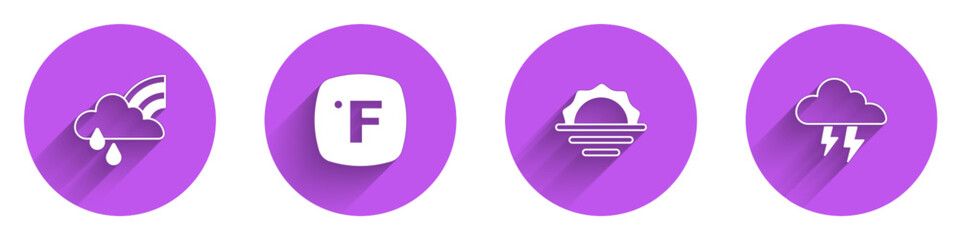 Set Rainbow with cloud and rain, Fahrenheit, Sunrise and Storm icon with long shadow. Vector