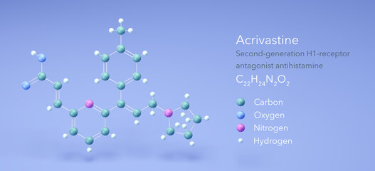 acrivastine molecule, molecular structures, h1-receptor antagonist antihistamine, 3d model, Structural Chemical Formula and Atoms with Color Coding - obrazy, fototapety, plakaty