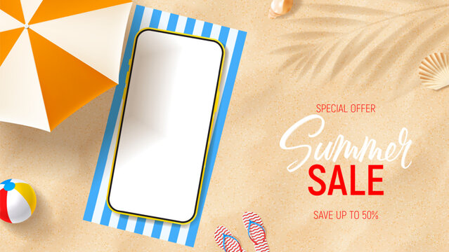 Template of ad banner for summer sale. Banner with smartphone on beach towel and sand with umbrella, seashells and inflatable ball. Vector 3d ad illustration for promotion of summer goods.