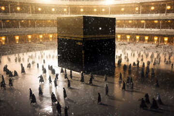 Background of the Holy Kaaba with pilgrims in circumambulation on the occasion of Eid Al-Adha, creative ai - obrazy, fototapety, plakaty