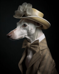A close up view of a whippet dressed in old style clothing 