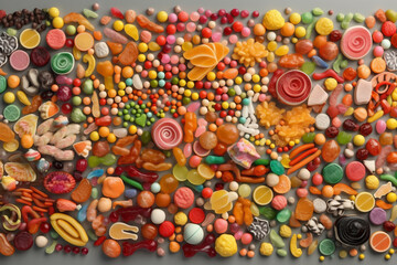 Fototapeta na wymiar Food concept. Various colorful candies and sweets background with copy space. Generative AI