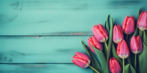 Bouquet of tulips on wooden light blue background