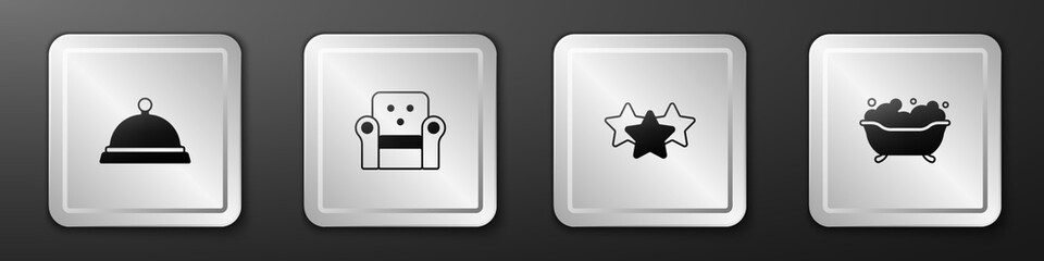 Set Covered with tray of food, Armchair, Stars rating and Bathtub icon. Silver square button. Vector