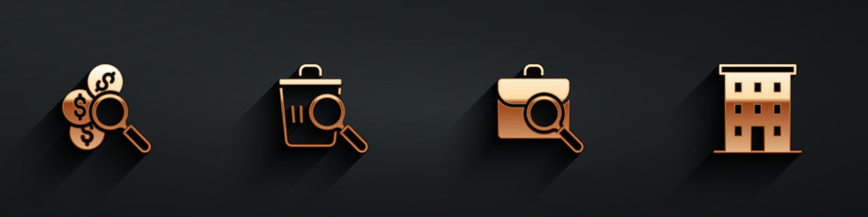 Set Search for money, Searching food, Work search and Multi storey building icon with long shadow. Vector