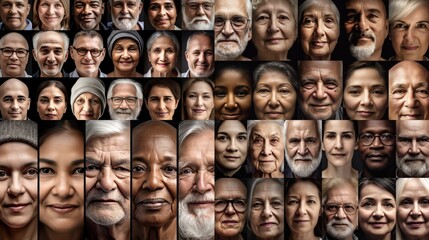 Mixed race middle aged people portraits collage