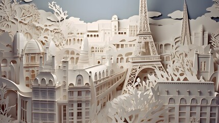 Papercut Illustration Paris & France, panorama travel postcard, poster, tour advertising of world famous landmarks - Generative AI