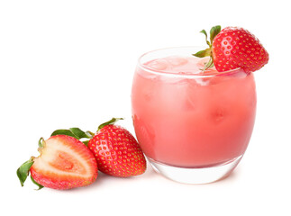 Glass of tasty strawberry smoothie with ice cubes on white background