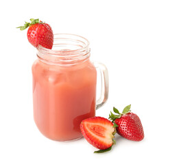 Mason jar with tasty strawberry smoothie on white background