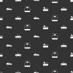 Set Oil tanker ship, Pickup truck, Car and Cable car on seamless pattern. Vector