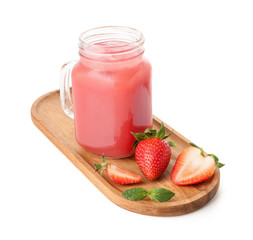 Board with mason jar of tasty strawberry smoothie on white background