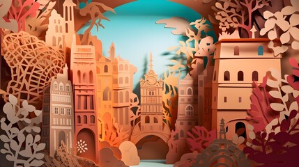 Papercut Illustration Paris & France, panorama travel postcard, poster, tour advertising of world famous landmarks - Generative AI