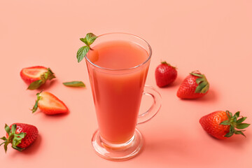 Glass with tasty strawberry smoothie on pink background