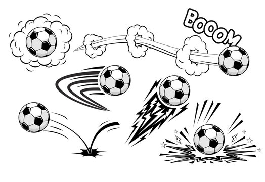 Soccers football balls fly at high speed. Vector in comic style on transparent background