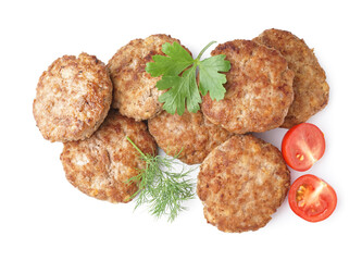 Tasty meat cutlets on white background