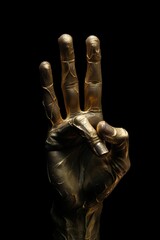 human hand pointing upwards with three fingers - golden - peace