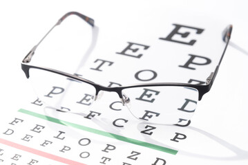 Black, eyeglasses on top of an eye chart.  