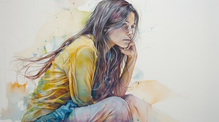 young woman sit down and is thinking - Time to think - the play with colours