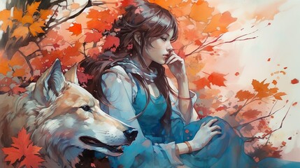 the girl with a wolf - thinking and dreaming