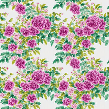 Floral seamless pattern with pink-purple peony flowers and leaves on white, asian art flowers motifs, wallpaper design for textile, cover, package, fabric, print, gift wrap, scrapbooking. AI generated