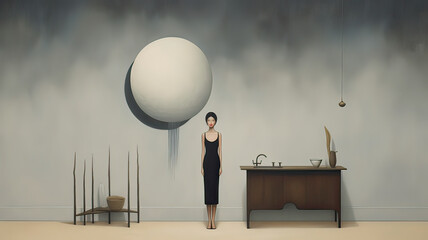 Woman in an empty room next to a globe - AI generative