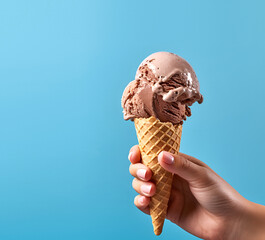 Hand holding chocolate ice cream cone on blue background. Banner, advertisement