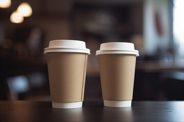 Two Paper Cups With a Lid for Coffee to Go on the Table in a Cafe: AI Generated Image