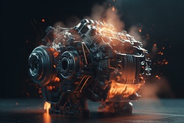 3D render of a futuristic V8 diesel engine with exploding pistons and mechanical parts. Generative AI