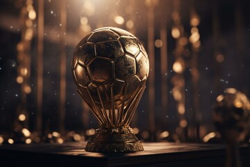 Fototapeta na wymiar 3D rendered golden soccer ball trophy on competition background, representing a champion award. Generative AI