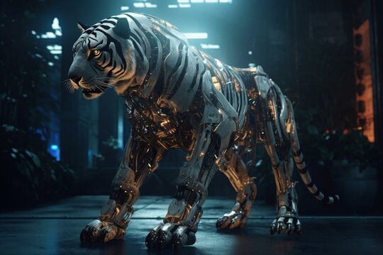 Robotic tiger in a futuristic setting with cinematic lighting and illustrated wallpaper. Generative AI