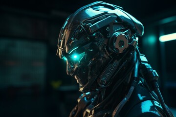 Fototapeta na wymiar Metal robot cyborgs with neon accents. Generative AI