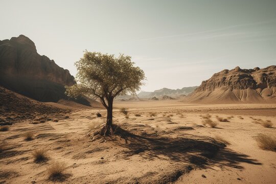 Solitary tree amidst desert landscape. Generative AI