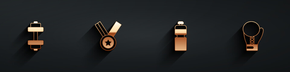 Set Dumbbell, Medal, Fitness shaker and Boxing glove icon with long shadow. Vector